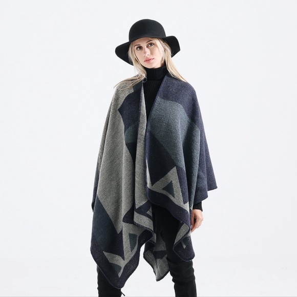 luxyville Sweaters - 369 Liana navy big poncho wrap sweater